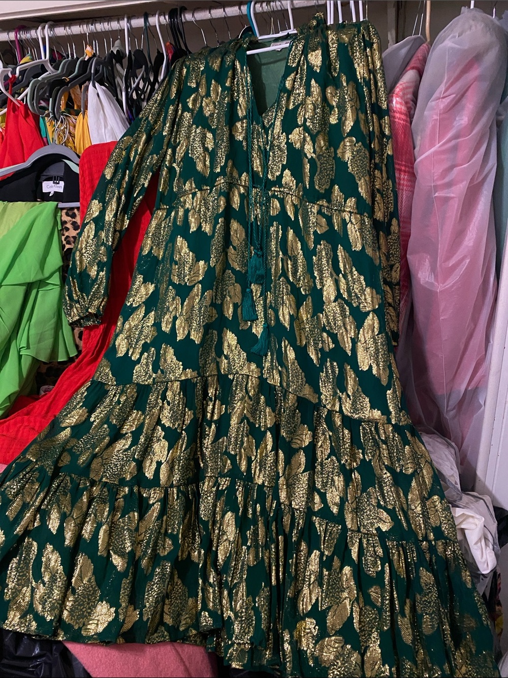 Green and Gold Floral Maxi Dress - Elegant V-Neck Long Sleeve